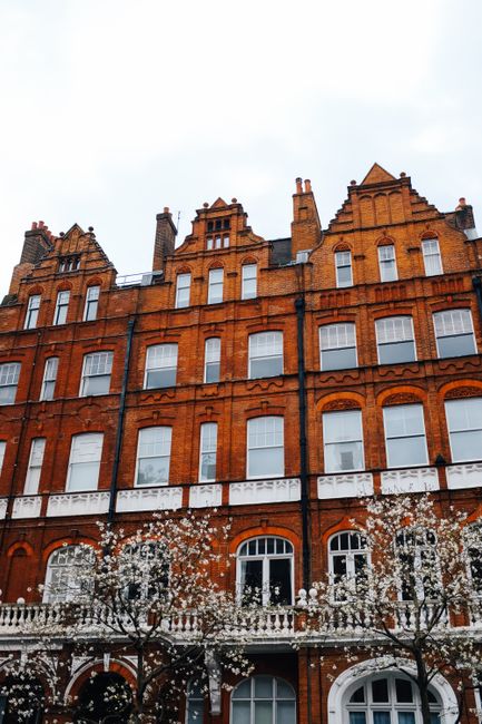 A multi-storey red brick building with decorative architectural details, including arched windows, white trim, and ornate brickwork, situated on a city street with leafless trees in the foreground. The building’s façade features a combination of smooth brick surfaces and intricate brickwork patterns, with several chimneys and gabled roof elements visible at the top. The lower windows are framed with white sills and arched accents, and a small balcony with a stone balustrade extends along the ground floor. The trees in front of the building are minimally flowering, with small white blossoms visible against the brickwork, suggesting early spring. The scene is illuminated by natural daylight, with a pale, cloudy sky overhead. The image subtly reflects a context of property maintenance or building renovation, relevant to private and independent waste clearance services, such as those provided by Waste Clearance Belgravia, especially for clearing refuse during building refurbishments or residential upgrades.
